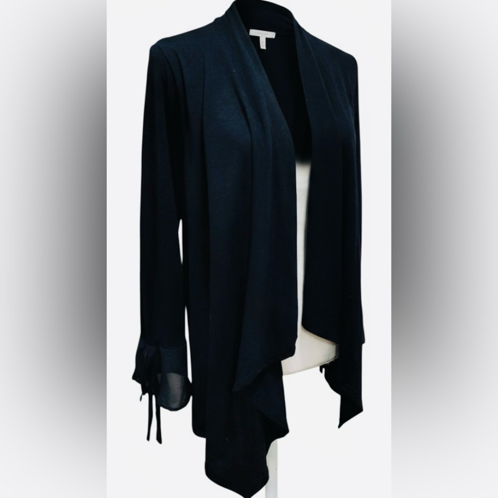August Silk, Draped Open Front Black Flowing Cardigan Sheer Bell Cuffs. Large - Picture 7 of 12